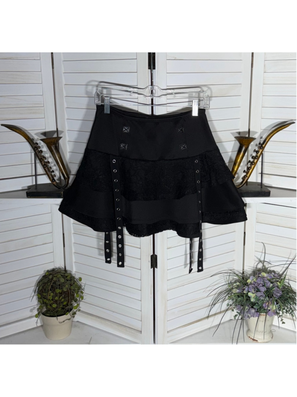 Hot Topic mini skirt black lace tiered goth high waist buckle straps goth punk M